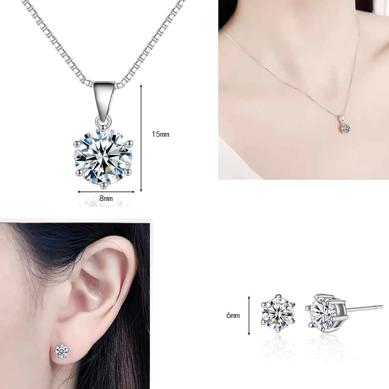 Dainty Solitaire Necklaces Stud Earrings Set For Women,White Gold Plated Simple Prom Jewelry Set Cubic Zirconia Pendant Choker Necklace And Earring Sets Wedding Jewelry For Bridal