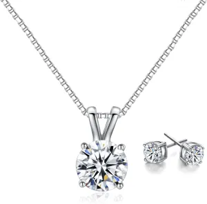 Dainty Solitaire Necklaces Stud Earrings Set For Women,White Gold Plated Simple Prom Jewelry Set Cubic Zirconia Pendant Choker Necklace And Earring Sets Wedding Jewelry For Bridal