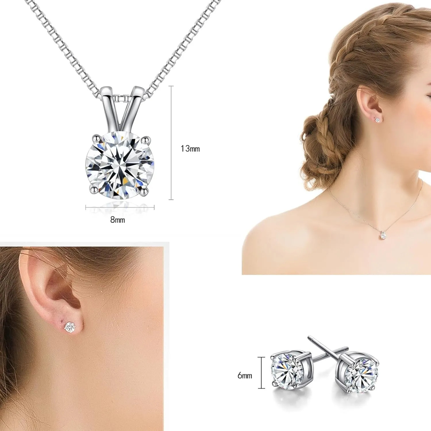 Dainty Solitaire Necklaces Stud Earrings Set For Women,White Gold Plated Simple Prom Jewelry Set Cubic Zirconia Pendant Choker Necklace And Earring Sets Wedding Jewelry For Bridal