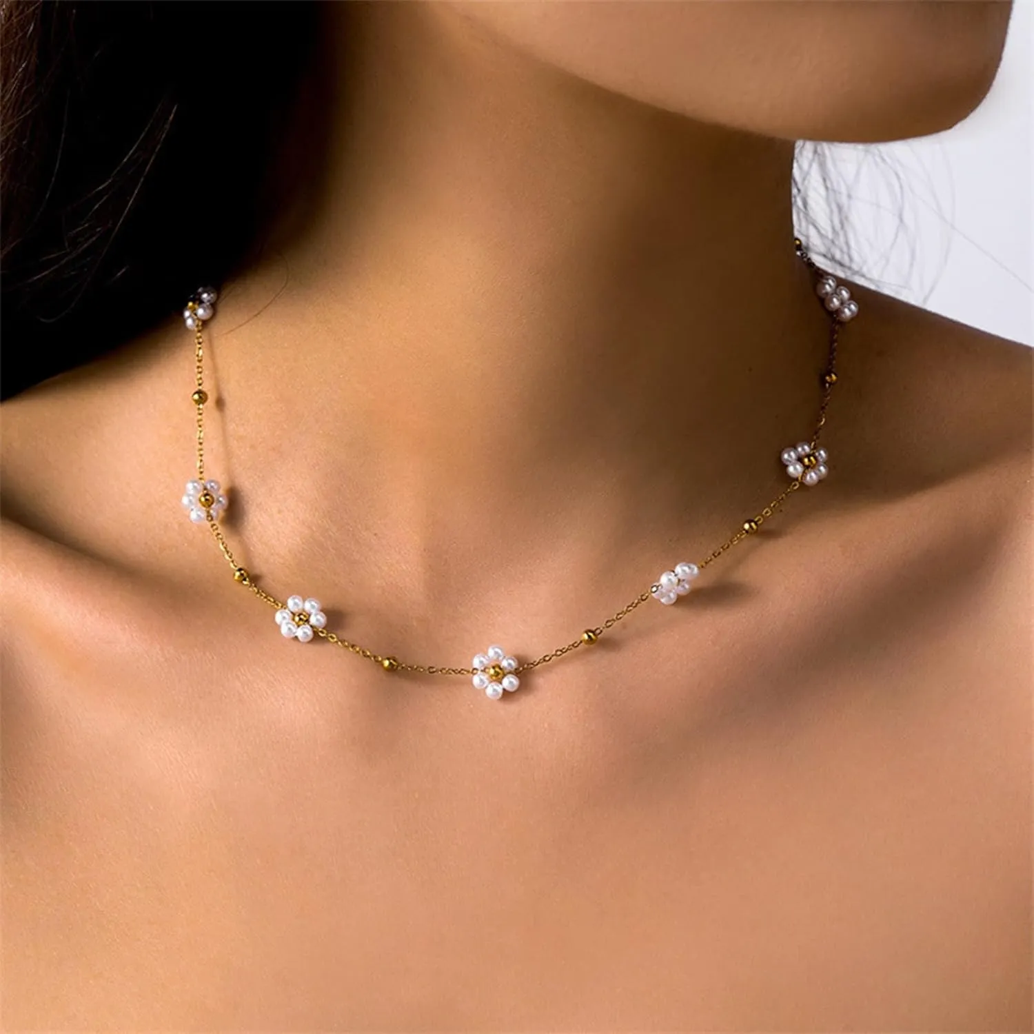 Daisy Flower Choker Necklace for Women Cute Colorful Floral Necklace Daisy Pearl Necklace Flower Jewelry