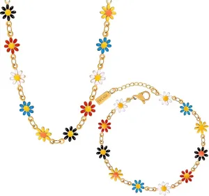 Daisy Flower Necklace and Bracelet for Women 18k Gold Plated Dainty Daisy Flower Choker Necklace Colorful Daisy Chain Bracelet Spring Flower Jewelry Accessories