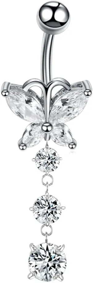 Dangle Belly Button Rings 316L Surgical Steel Belly Rings,14G Butterfly Belly Button Ring Dangling CZ Belly Screw Navel Barbell Piercing Jewelry for Women