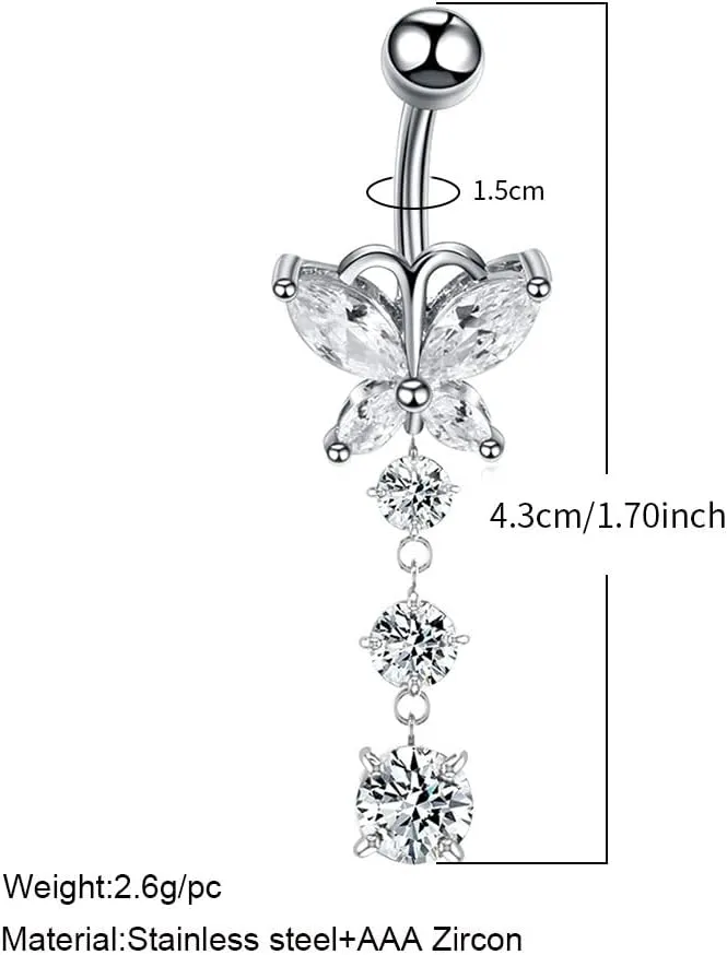 Dangle Belly Button Rings 316L Surgical Steel Belly Rings,14G Butterfly Belly Button Ring Dangling CZ Belly Screw Navel Barbell Piercing Jewelry for Women