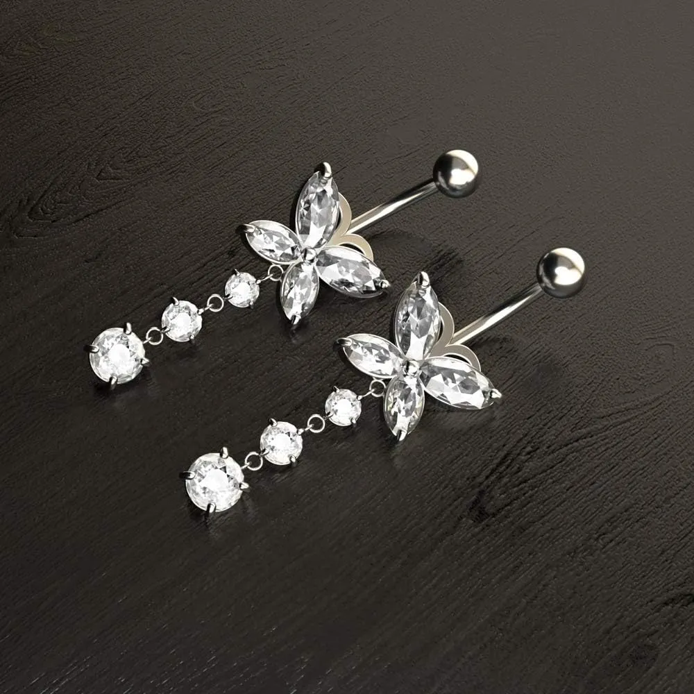 Dangle Belly Button Rings 316L Surgical Steel Belly Rings,14G Butterfly Belly Button Ring Dangling CZ Belly Screw Navel Barbell Piercing Jewelry for Women