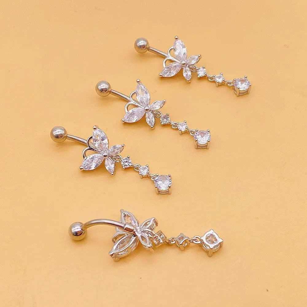 Dangle Belly Button Rings 316L Surgical Steel Belly Rings,14G Butterfly Belly Button Ring Dangling CZ Belly Screw Navel Barbell Piercing Jewelry for Women