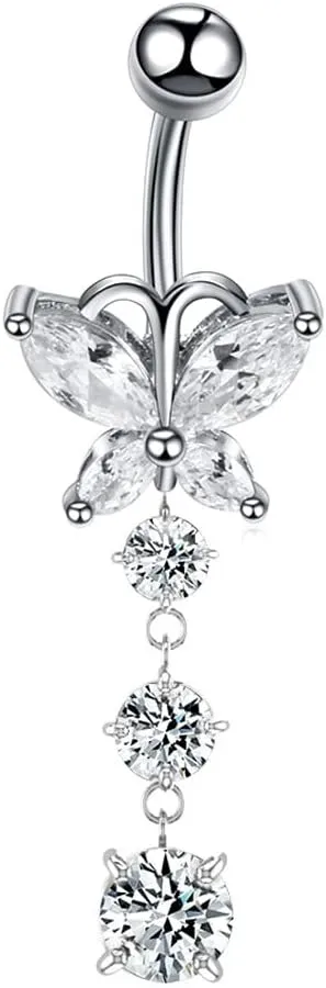 Dangle Belly Button Rings 316L Surgical Steel Belly Rings,14G Butterfly Belly Button Ring Dangling CZ Belly Screw Navel Barbell Piercing Jewelry for Women