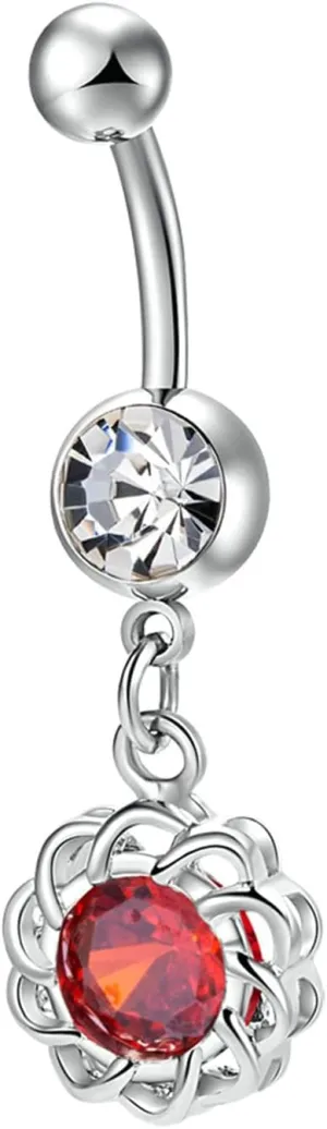 Dangle Navel Ring Stainless Steel, CZ Navel Hoop Rings for Women Flower Red Belly Rings