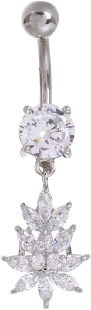 Dangle Navel Ring Stainless Steel, CZ Women Navel Rings Flower Silver Belly Rings