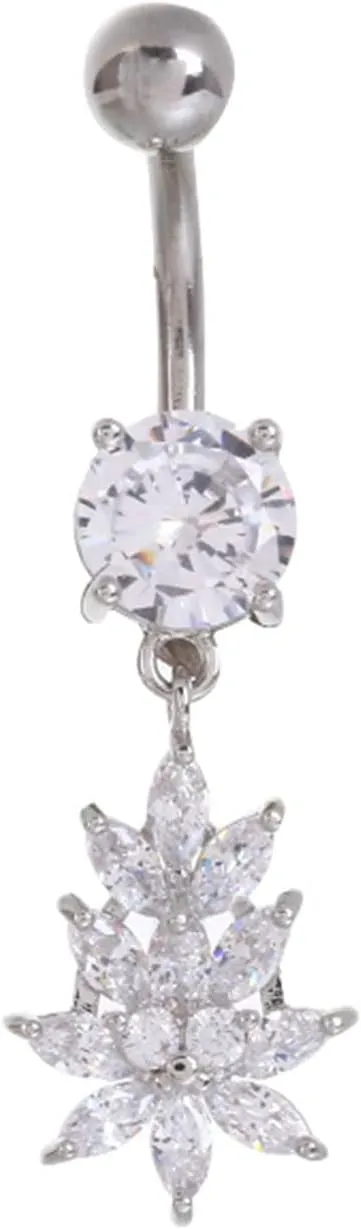 Dangle Navel Ring Stainless Steel, CZ Women Navel Rings Flower Silver Belly Rings