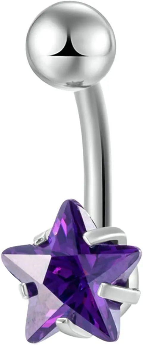 Dangle Navel Ring Stainless Steel, CZ Women Navel Rings Star Purple Navel Rings