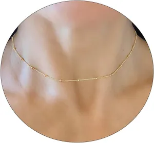 Danity Gold Necklace for Women 14K Gold Plated Satellite Necklaces Gold Link Chain Necklace Tiny Dot Bar Necklace Simple Everyday Jewelry Gift