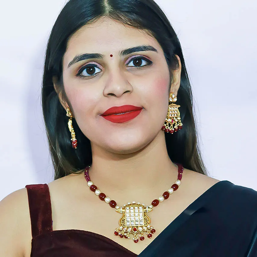 Designer Gold Plated Royal Kundan & Ruby Pendant Set (D573)