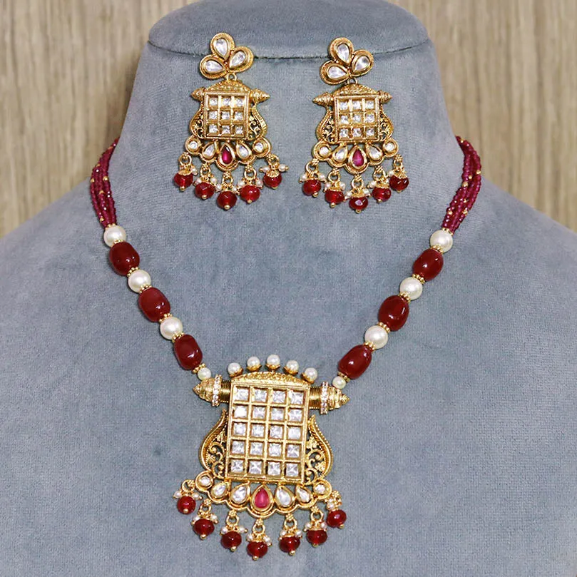 Designer Gold Plated Royal Kundan & Ruby Pendant Set (D573)