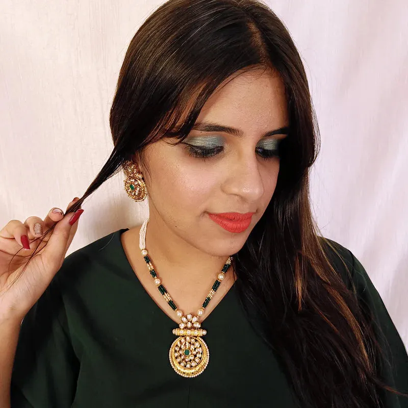 Designer Gold Plated Royal Kundan, Ruby & Beads Pendant Set (D437)