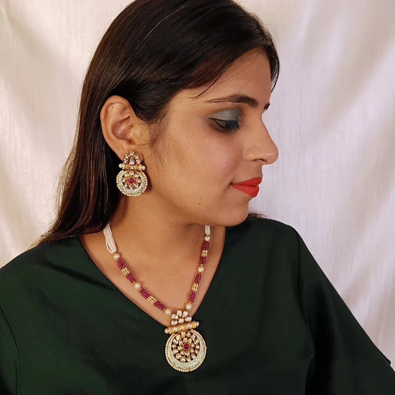 Designer Gold Plated Royal Kundan, Ruby & Beads Pendant Set (D437)