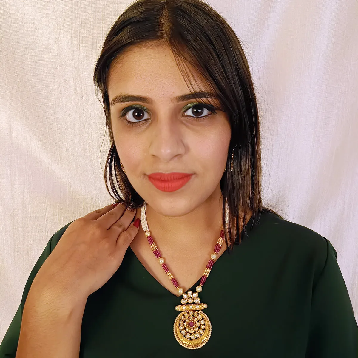 Designer Gold Plated Royal Kundan, Ruby & Beads Pendant Set (D437)