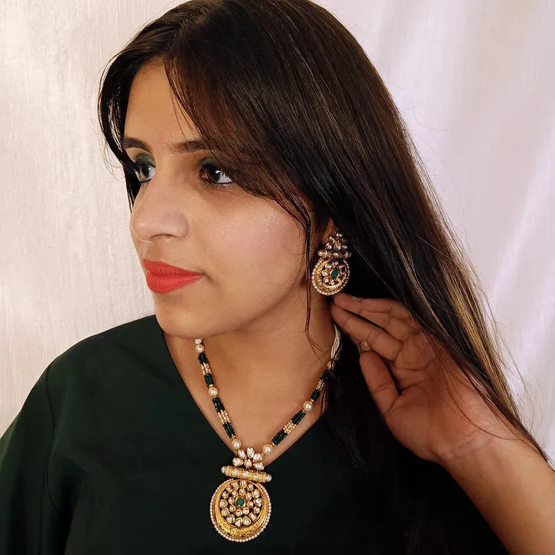 Designer Gold Plated Royal Kundan, Ruby & Beads Pendant Set (D437)