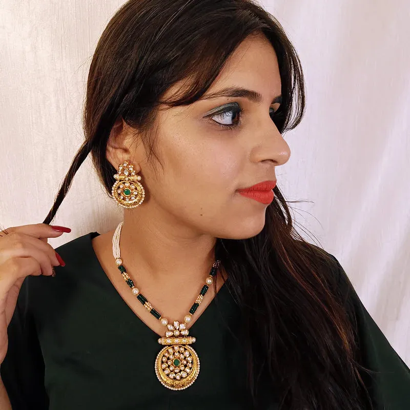 Designer Gold Plated Royal Kundan, Ruby & Beads Pendant Set (D437)