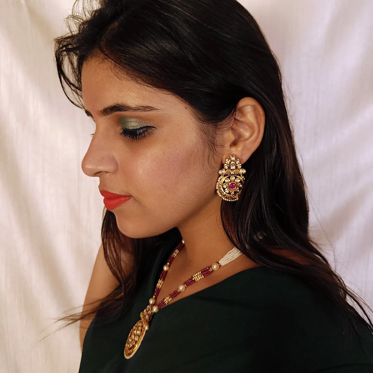 Designer Gold Plated Royal Kundan, Ruby & Beads Pendant Set (D437)