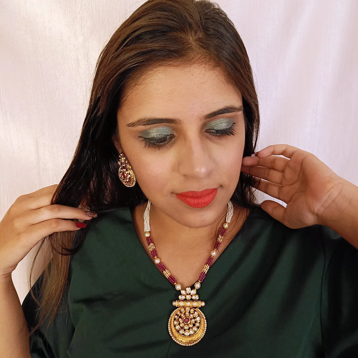 Designer Gold Plated Royal Kundan, Ruby & Beads Pendant Set (D437)