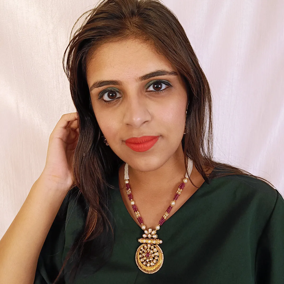 Designer Gold Plated Royal Kundan, Ruby & Beads Pendant Set (D437)