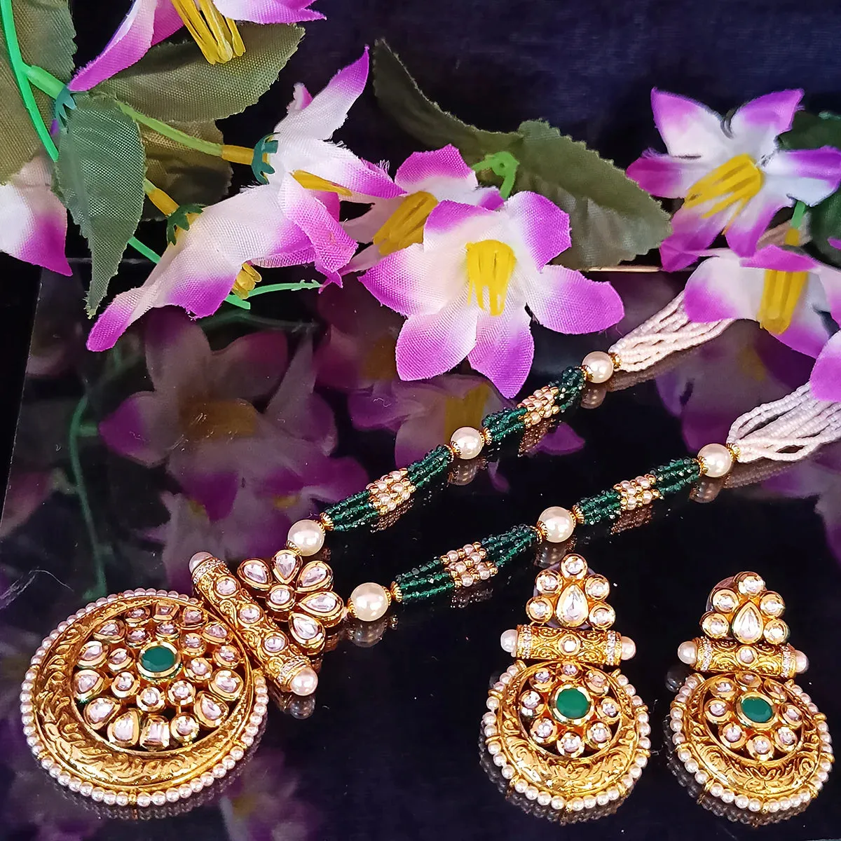 Designer Gold Plated Royal Kundan, Ruby & Beads Pendant Set (D437)