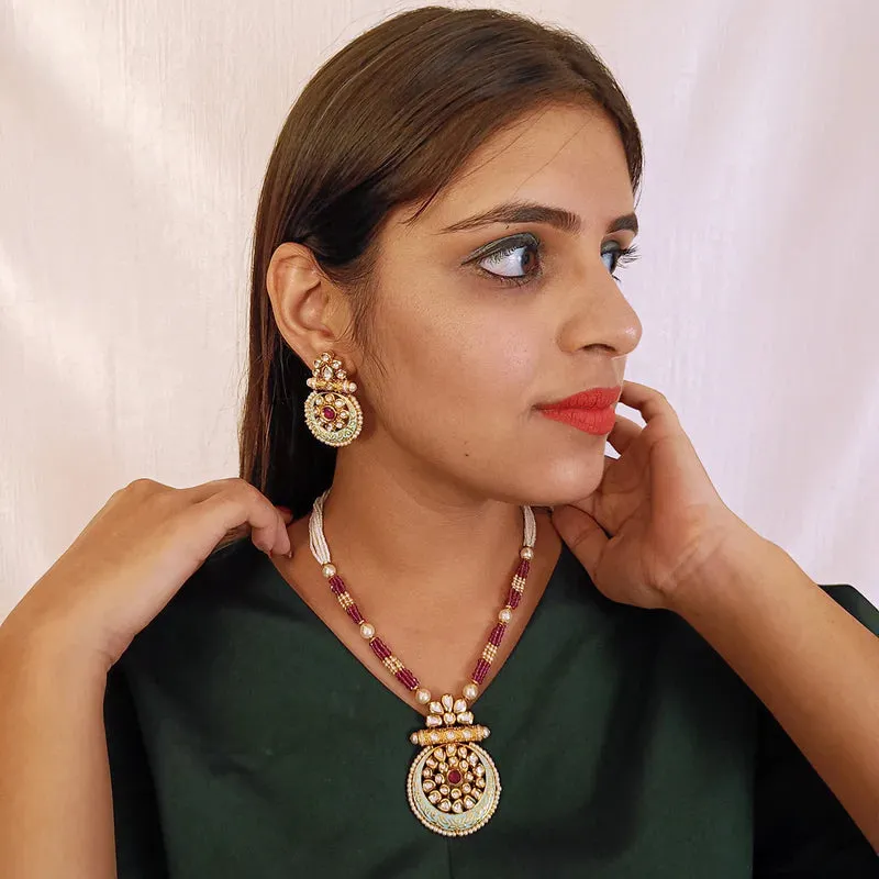 Designer Gold Plated Royal Kundan, Ruby & Beads Pendant Set (D437)