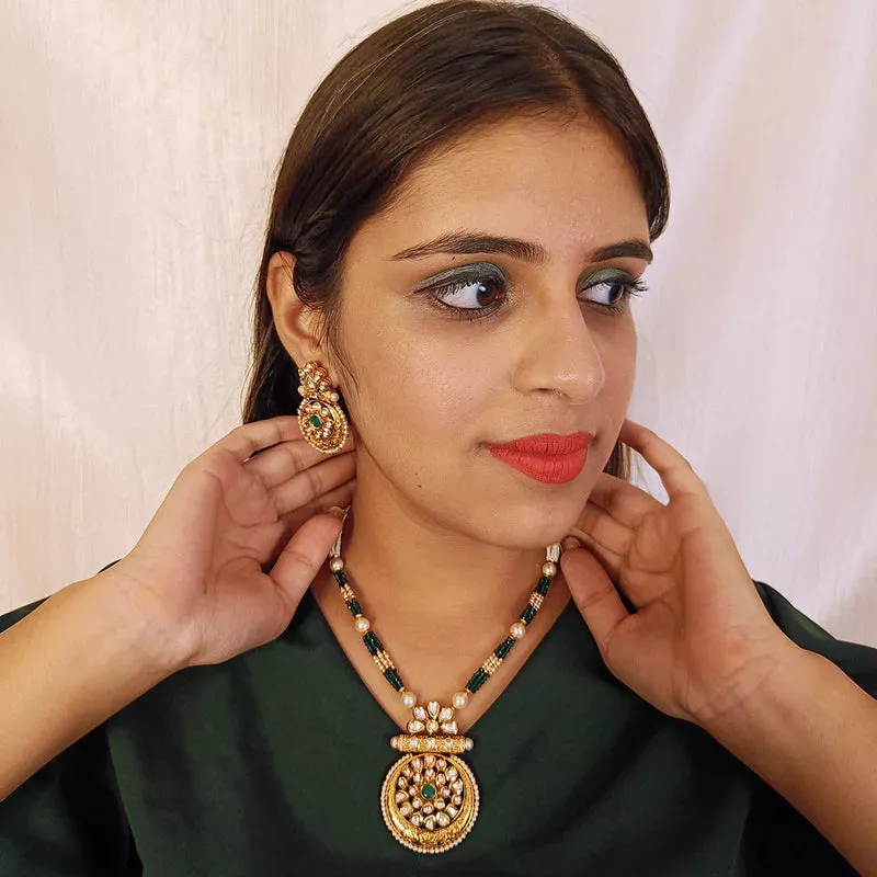 Designer Gold Plated Royal Kundan, Ruby & Beads Pendant Set (D437)