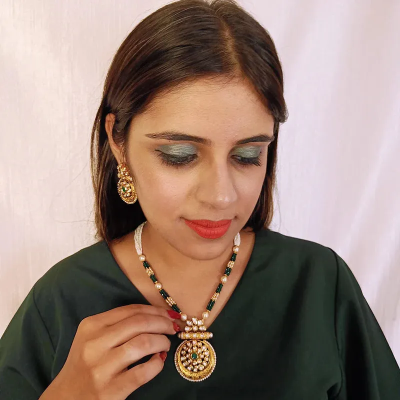 Designer Gold Plated Royal Kundan, Ruby & Beads Pendant Set (D437)
