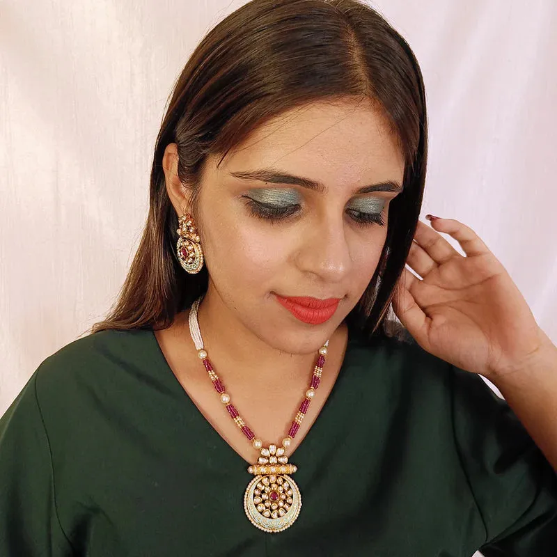 Designer Gold Plated Royal Kundan, Ruby & Beads Pendant Set (D437)