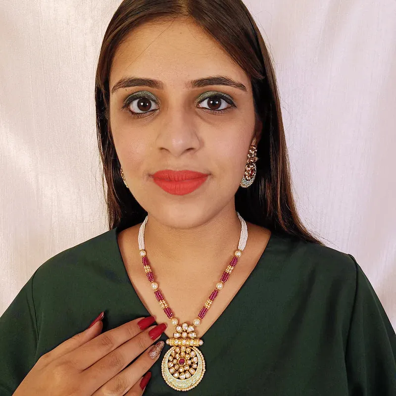 Designer Gold Plated Royal Kundan, Ruby & Beads Pendant Set (D437)