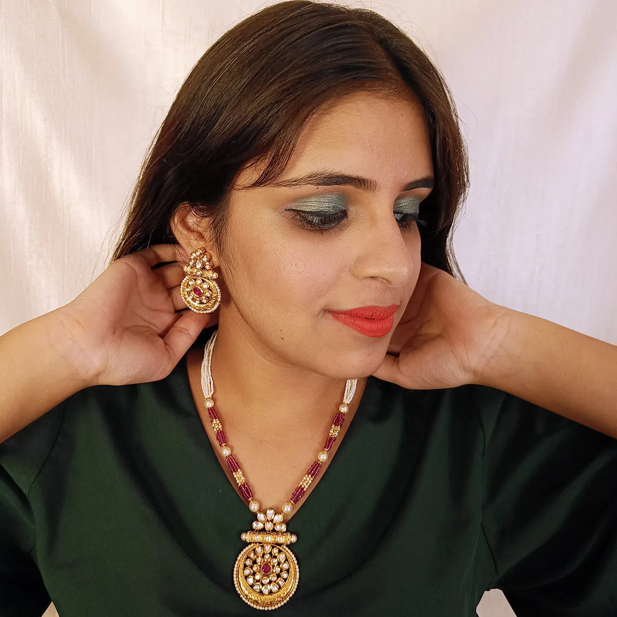Designer Gold Plated Royal Kundan, Ruby & Beads Pendant Set (D437)