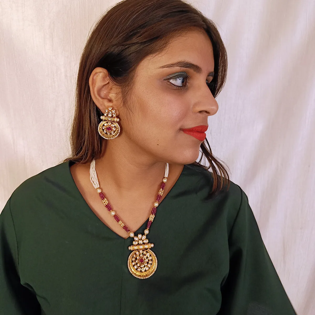 Designer Gold Plated Royal Kundan, Ruby & Beads Pendant Set (D437)