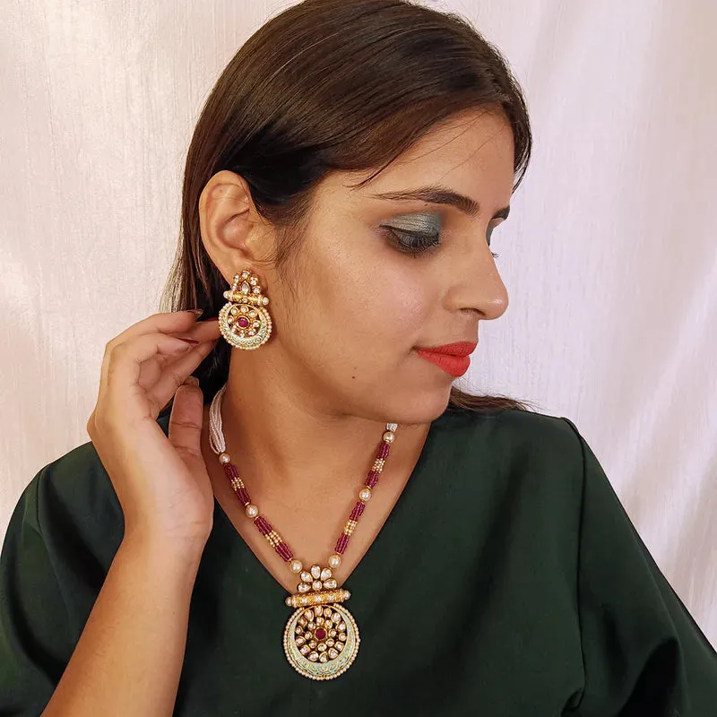 Designer Gold Plated Royal Kundan, Ruby & Beads Pendant Set (D437)