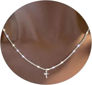 Diamond Necklace for Women Silver Plated Dainty Cross Necklace Cubic Zirconia Small Cute Cross Pendant Choker Simple Twist Rope Chain Y2K CZ Necklaces Trendy Jewelry Gifts for Women