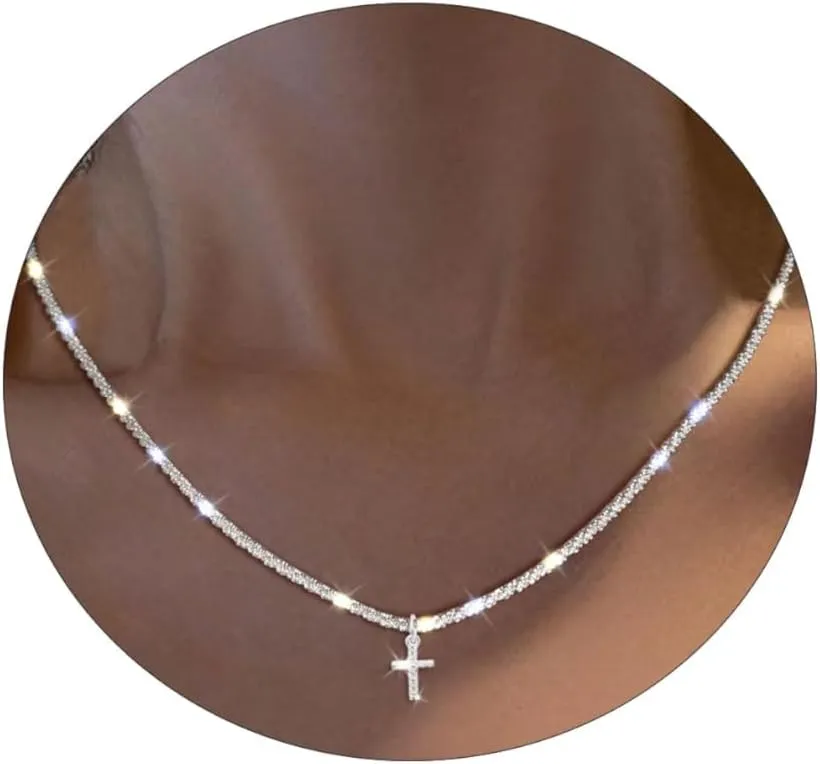 Diamond Necklace for Women Silver Plated Dainty Cross Necklace Cubic Zirconia Small Cute Cross Pendant Choker Simple Twist Rope Chain Y2K CZ Necklaces Trendy Jewelry Gifts for Women