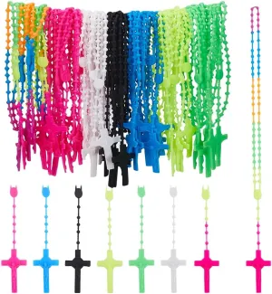 DICOSMETIC 56Pcs 7 Colors Cross Necklaces Bulk Plastic Rosary Beads Necklace Luminous Cross Necklace Glow in The Dark Y Necklace Prayer Jewelry for Women Men Ladies