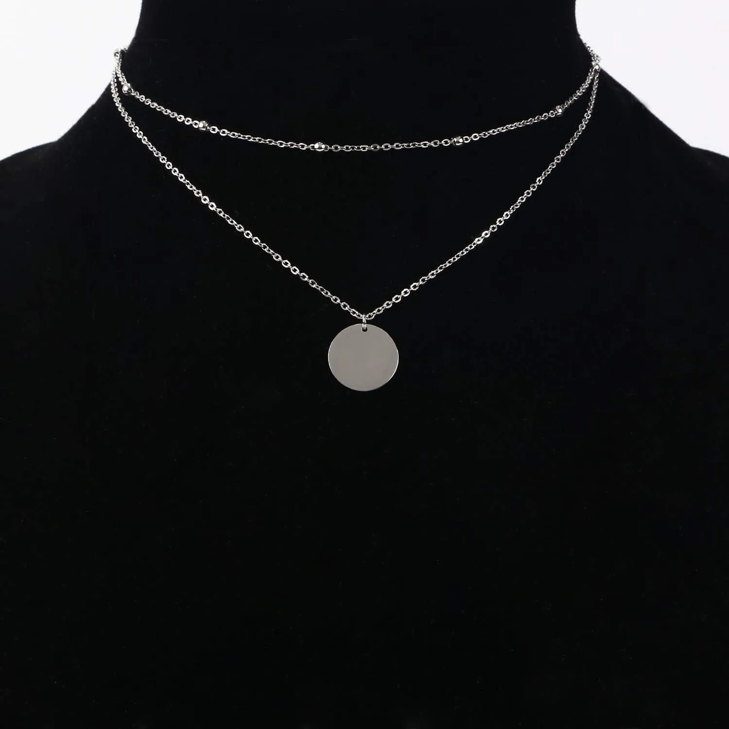 Disc Pendant Necklace Layered Titanium Steel Chain Choker in Rose Gold for Women