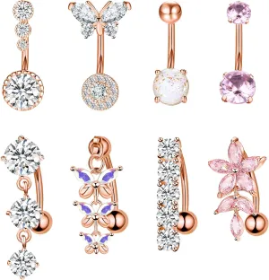 Dochais 8PCS Surgical Stainless Steel Belly Button Rings for Women - Dangle Butterfly CZ Barbell Piercing Jewelry Navel Pack