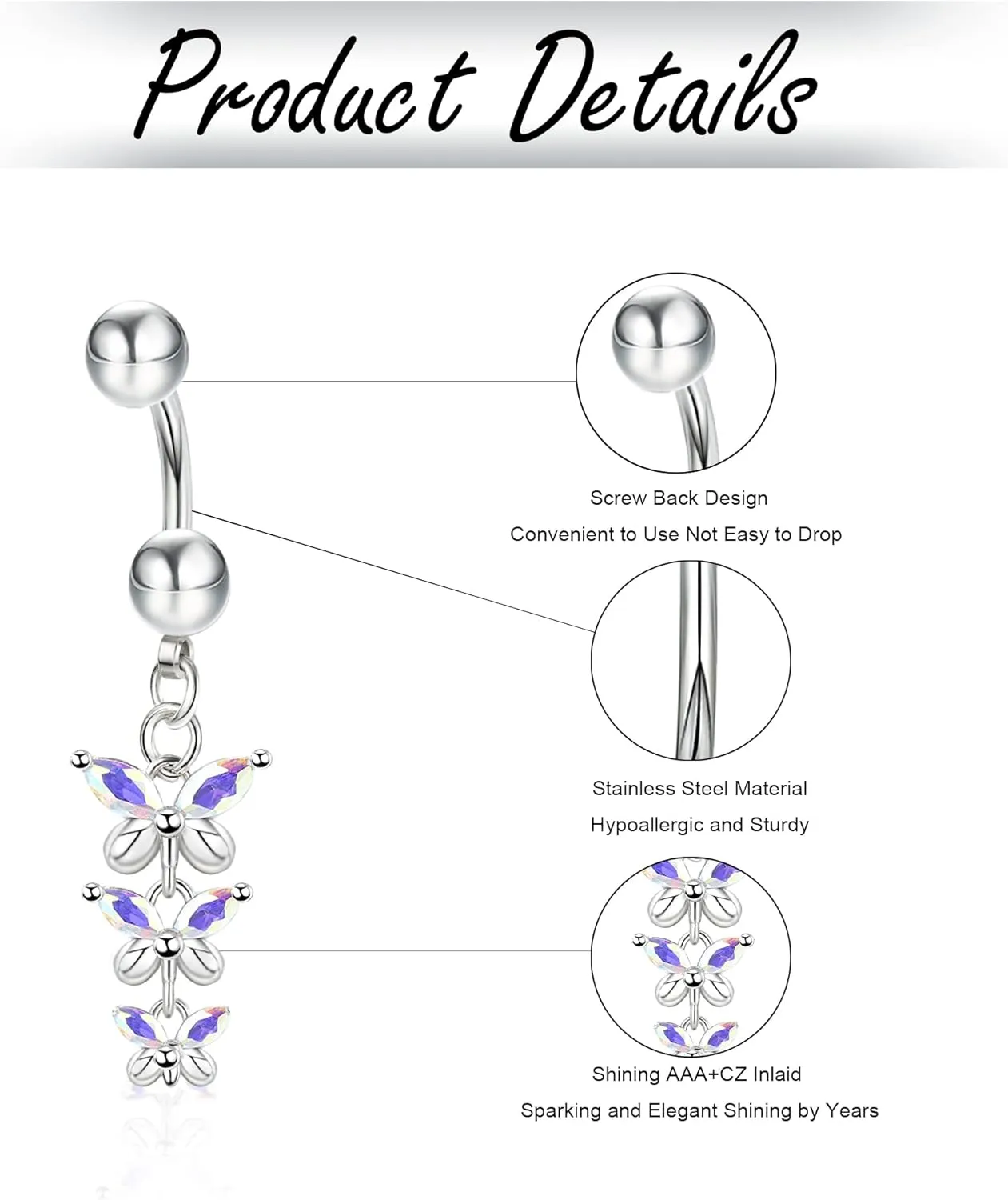 Dochais 8PCS Surgical Stainless Steel Belly Button Rings for Women - Dangle Butterfly CZ Barbell Piercing Jewelry Navel Pack