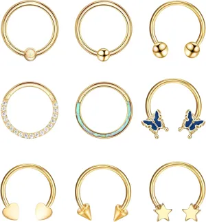 Dochais 9pcs 16G Septum Rings Star Heart Cartilage Earring Hoop 316L Stainless Steel Septum Jewelry Helix Earrings Nose Rings Hoop Septum Piercing Jewelry for Women Men