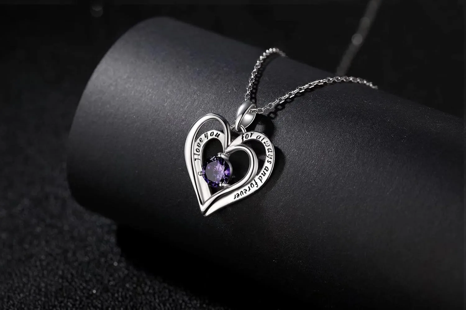 Double Heart Birthstone Pendant Necklace - 925 Sterling Silver Dainty Love You Forever Round Gemstone Cubic Zirconia 18 Platinum Plated Adjustable Chain Necklaces Jewelry Gifts for Girls Wife