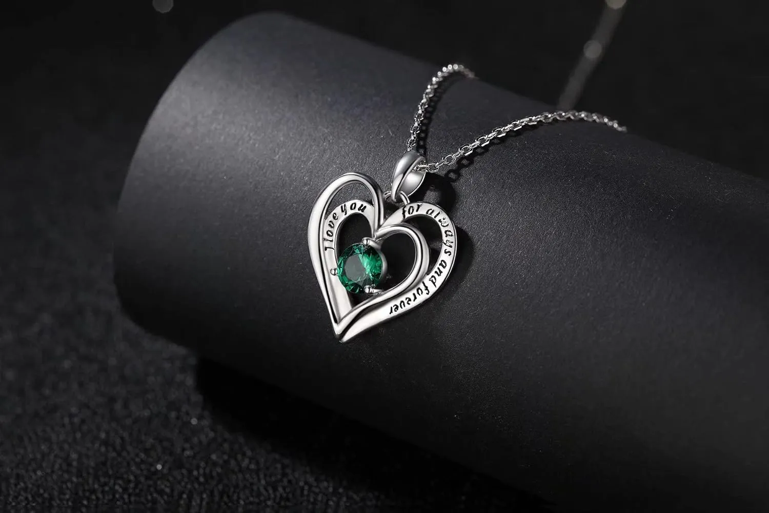 Double Heart Birthstone Pendant Necklace - 925 Sterling Silver Dainty Love You Forever Round Gemstone Cubic Zirconia 18 Platinum Plated Adjustable Chain Necklaces Jewelry Gifts for Girls Wife