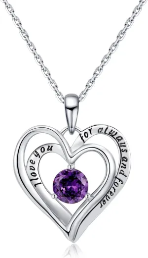 Double Heart Birthstone Pendant Necklace - 925 Sterling Silver Dainty Love You Forever Round Gemstone Cubic Zirconia 18 Platinum Plated Adjustable Chain Necklaces Jewelry Gifts for Girls Wife