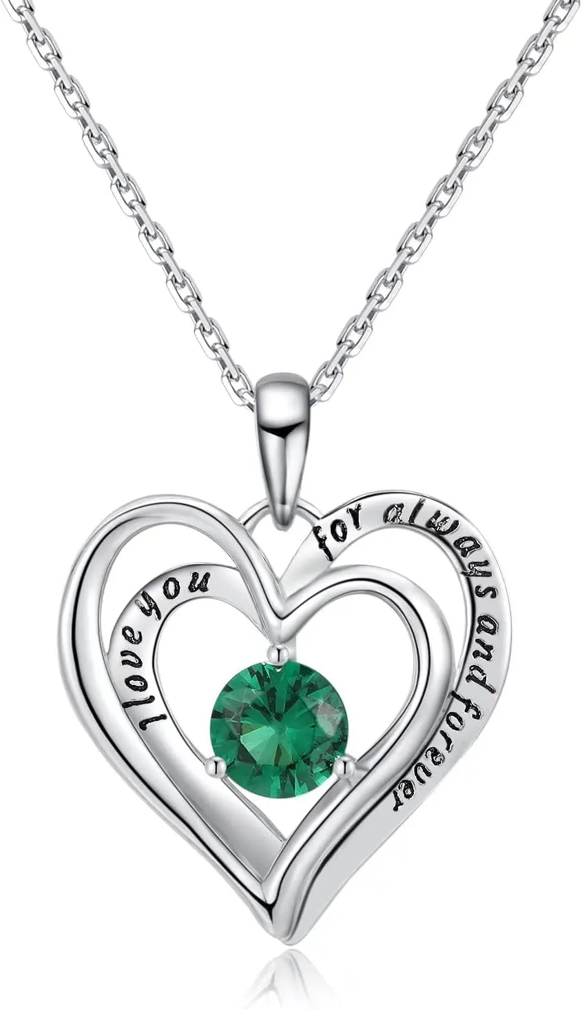 Double Heart Birthstone Pendant Necklace - 925 Sterling Silver Dainty Love You Forever Round Gemstone Cubic Zirconia 18 Platinum Plated Adjustable Chain Necklaces Jewelry Gifts for Girls Wife