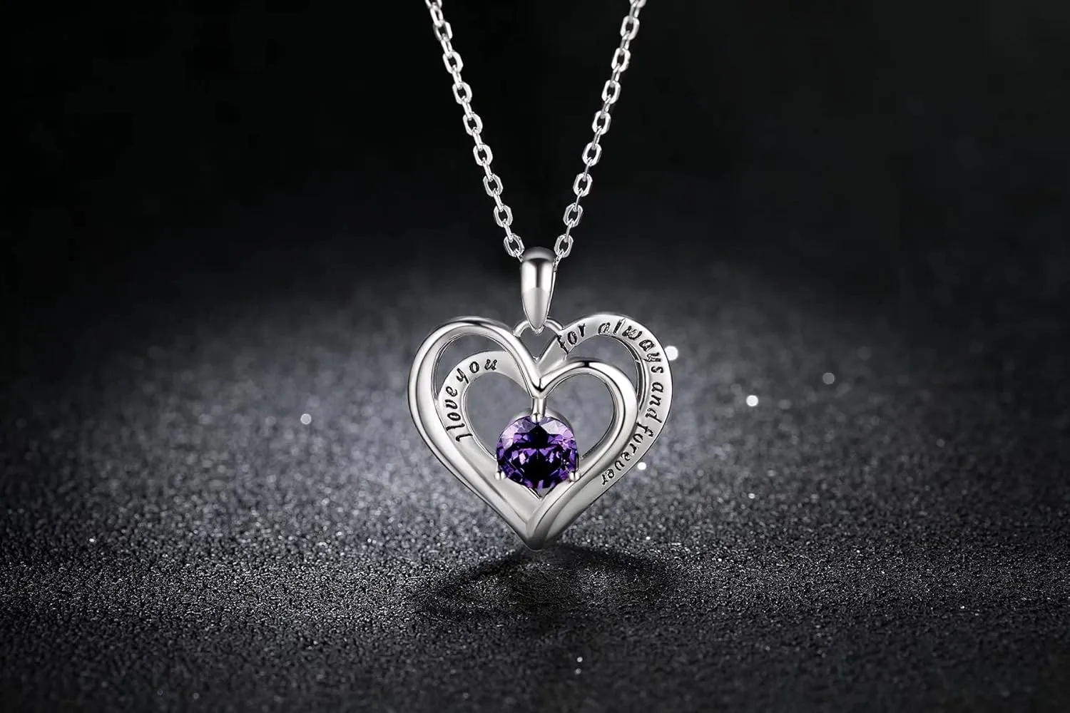 Double Heart Birthstone Pendant Necklace - 925 Sterling Silver Dainty Love You Forever Round Gemstone Cubic Zirconia 18 Platinum Plated Adjustable Chain Necklaces Jewelry Gifts for Girls Wife