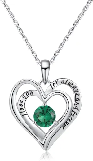 Double Heart Birthstone Pendant Necklace - 925 Sterling Silver Dainty Love You Forever Round Gemstone Cubic Zirconia 18 Platinum Plated Adjustable Chain Necklaces Jewelry Gifts for Girls Wife