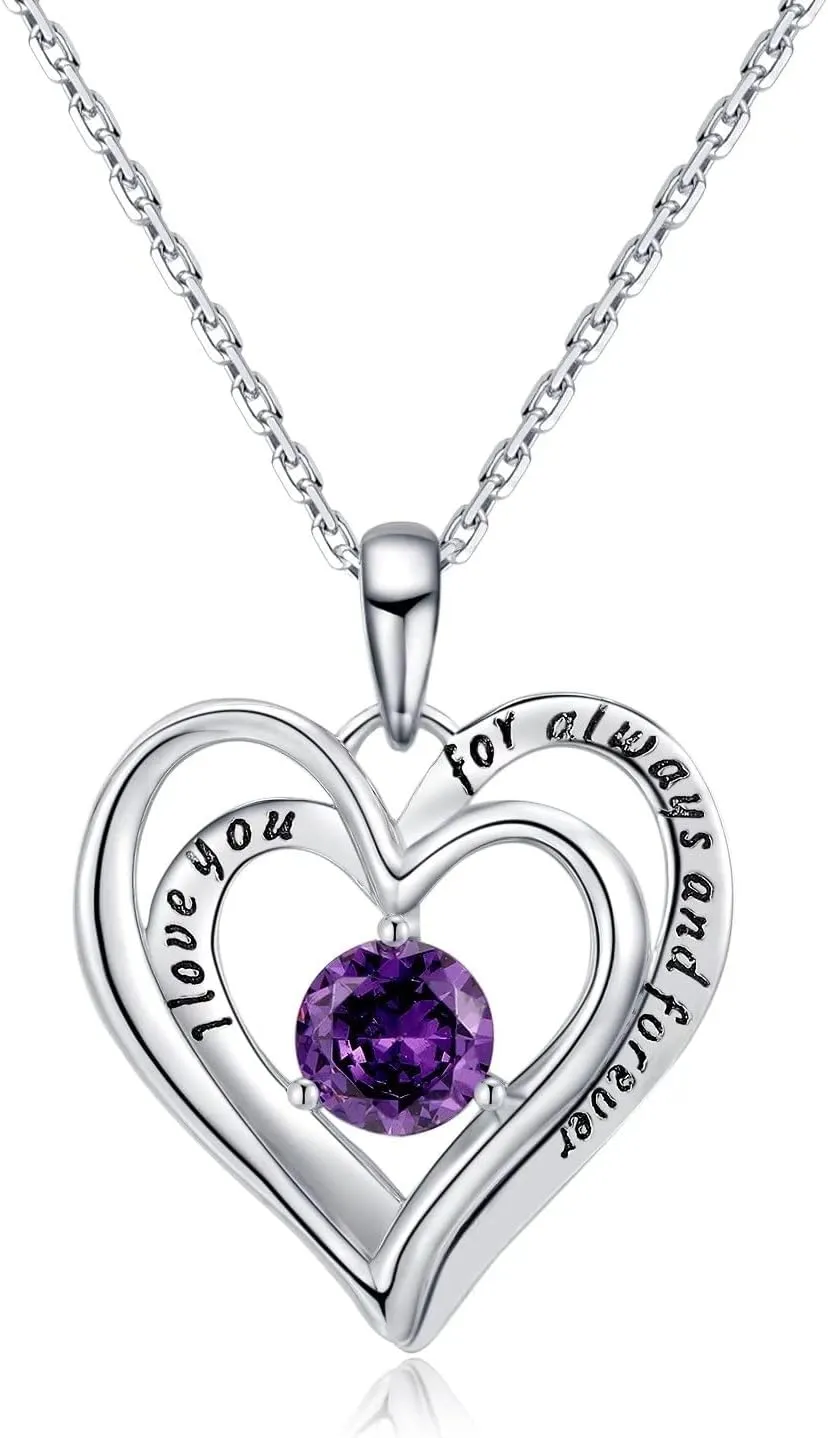 Double Heart Birthstone Pendant Necklace - 925 Sterling Silver Dainty Love You Forever Round Gemstone Cubic Zirconia 18 Platinum Plated Adjustable Chain Necklaces Jewelry Gifts for Girls Wife