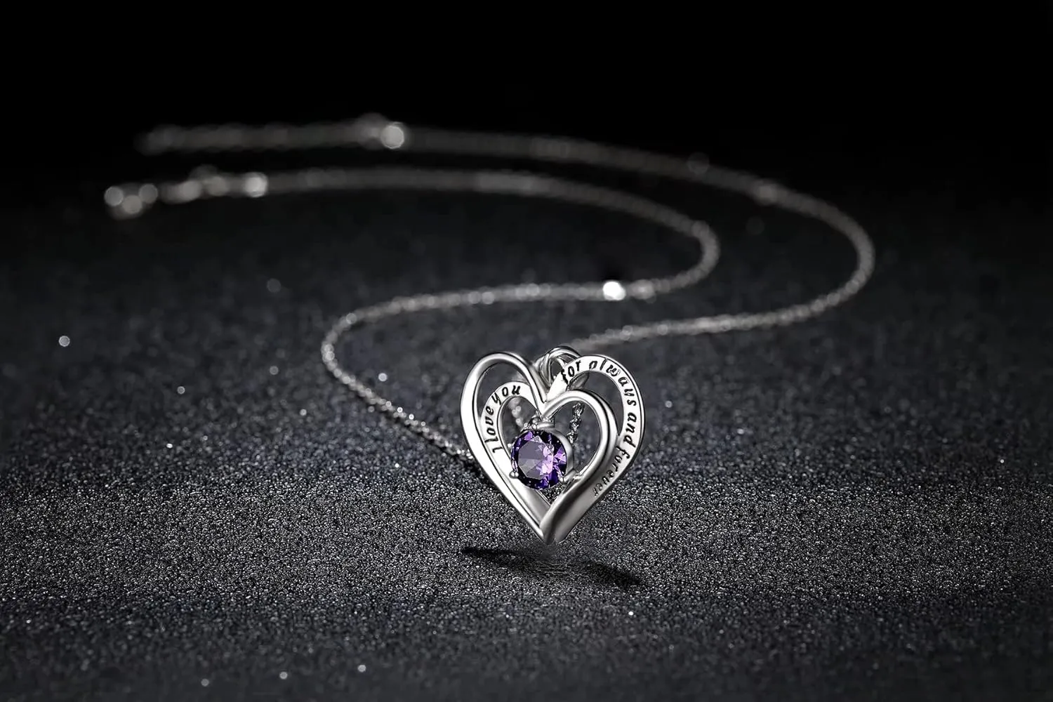 Double Heart Birthstone Pendant Necklace - 925 Sterling Silver Dainty Love You Forever Round Gemstone Cubic Zirconia 18 Platinum Plated Adjustable Chain Necklaces Jewelry Gifts for Girls Wife