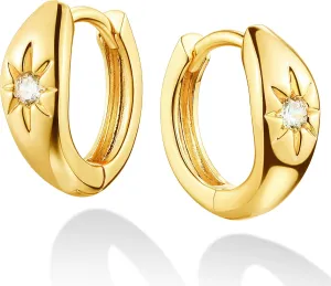 Dremmy Studios Dainty CZ Huggie Hoop Earrings 14K Gold Plated Chunky Simple Cute Thick Round Frill Bead Ball Starburst Cuff Earrings Cubic Zirconia Hoop Earrings Minimalist Personalized Gift for Her